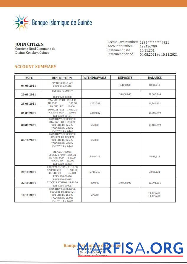 Blank Guinea Banque Islamique de Guinée bank statement word sample